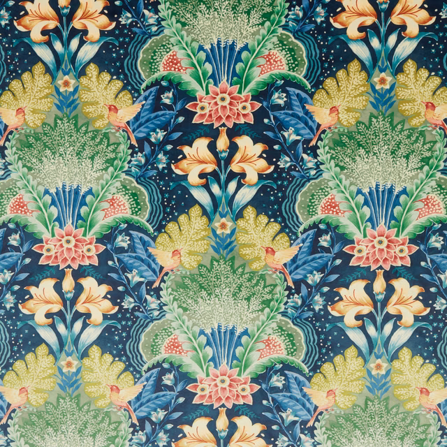 Midnight blue botanical fabric with large floral and leaf motifs