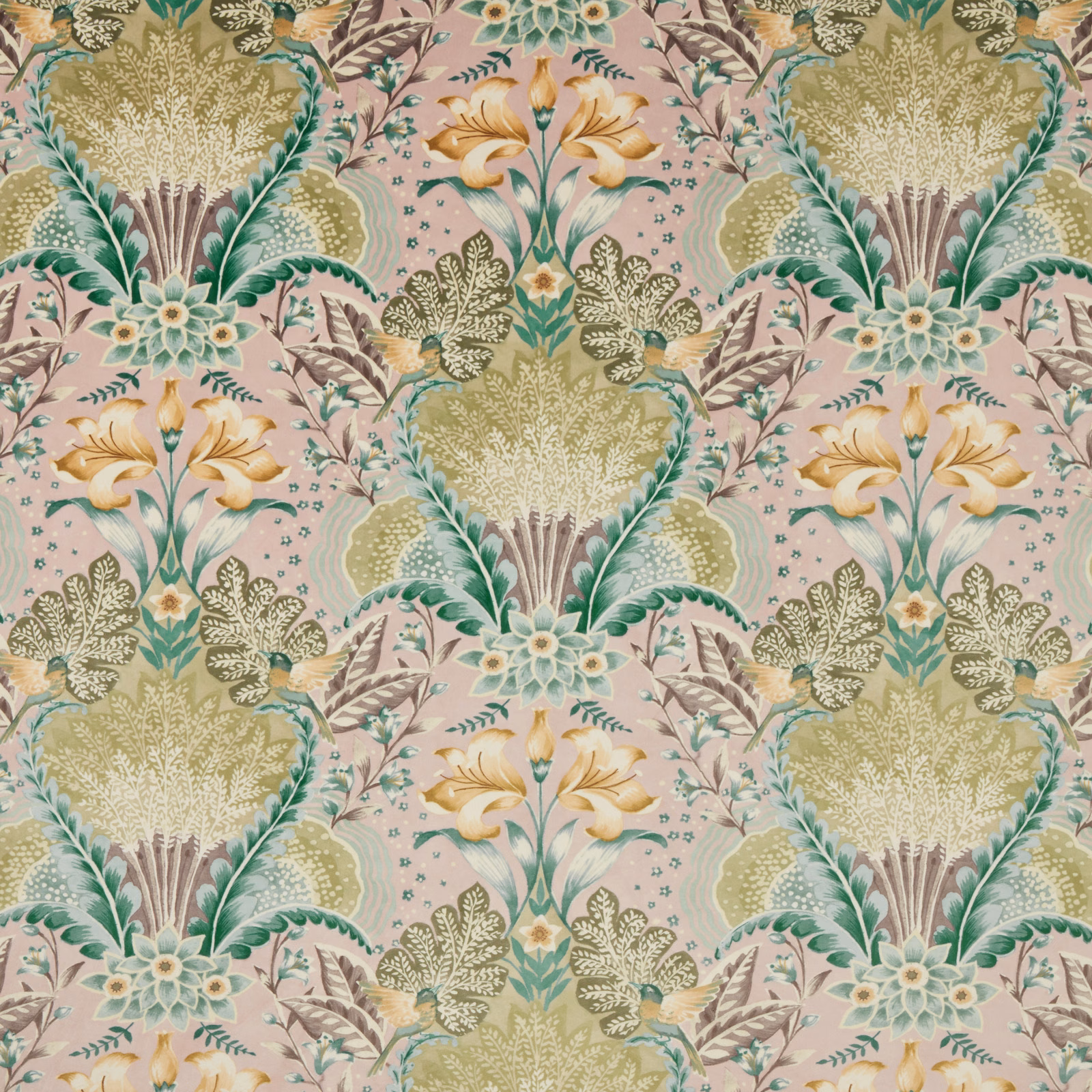 Blush pink floral damask fabric with sage, teal and ochre motifs