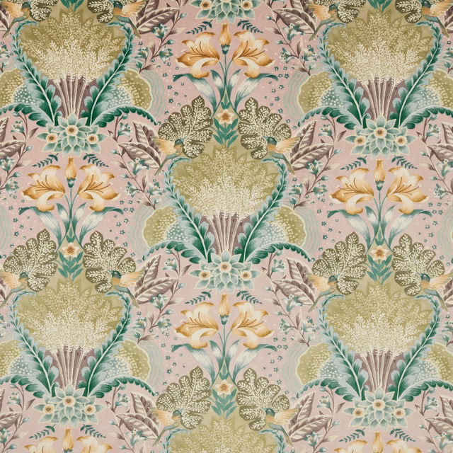 Blush pink floral damask fabric with sage, teal and ochre motifs