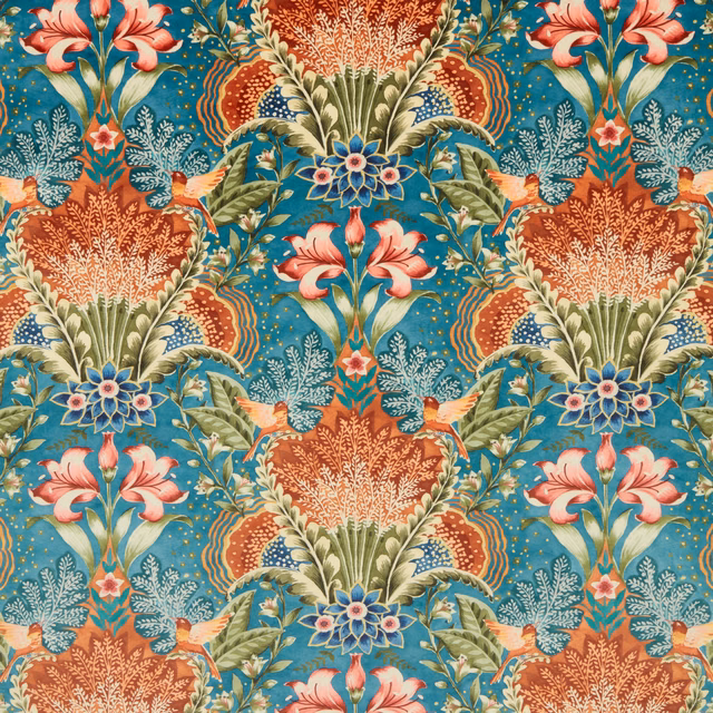 Teal tapestry fabric with large floral motifs, birds and coral accents