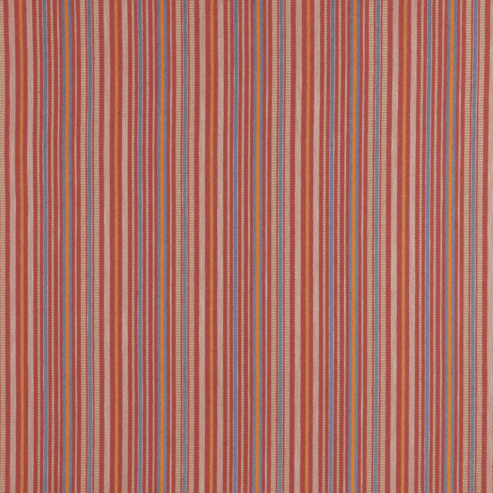 Vertical striped fabric in warm chili red, cream, coral and blue tones