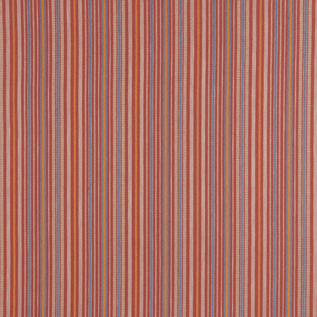 Vertical striped fabric in warm chili red, cream, coral and blue tones