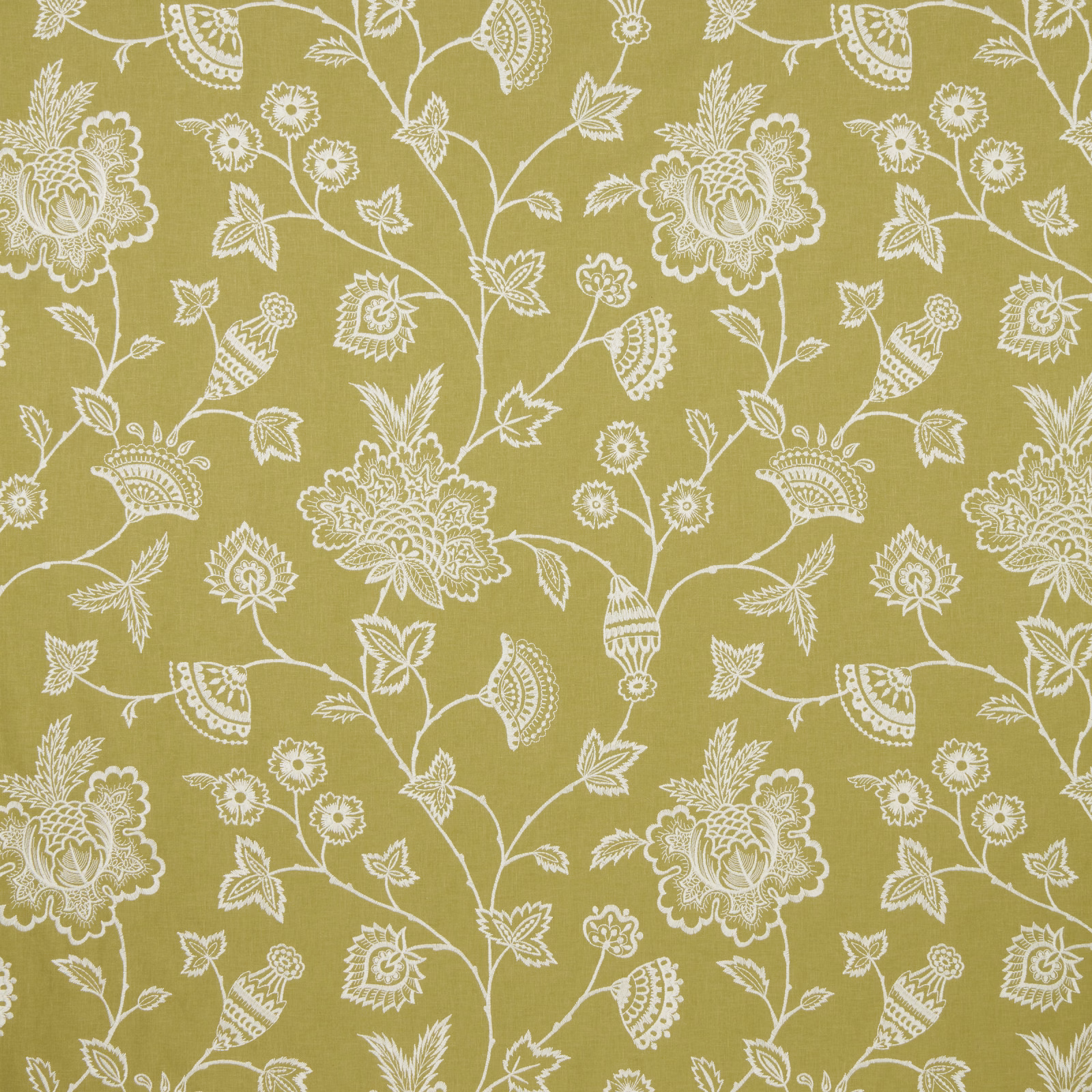 Olive-yellow floral embroidery on a woven fabric ground