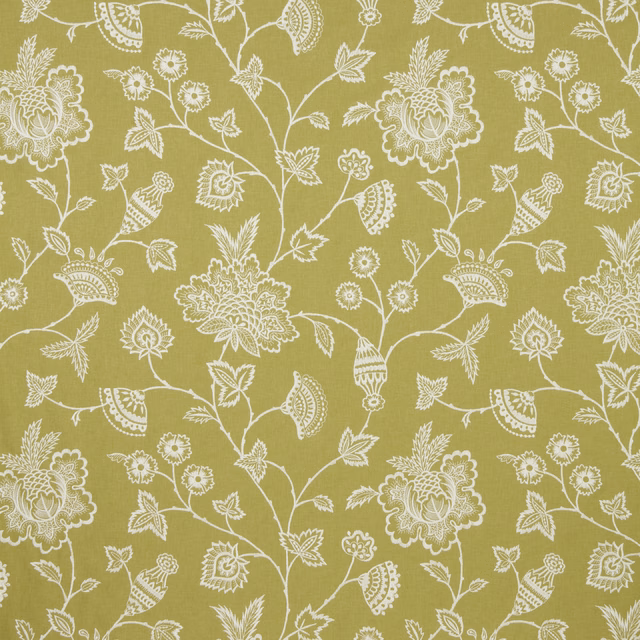 Olive-yellow floral embroidery on a woven fabric ground