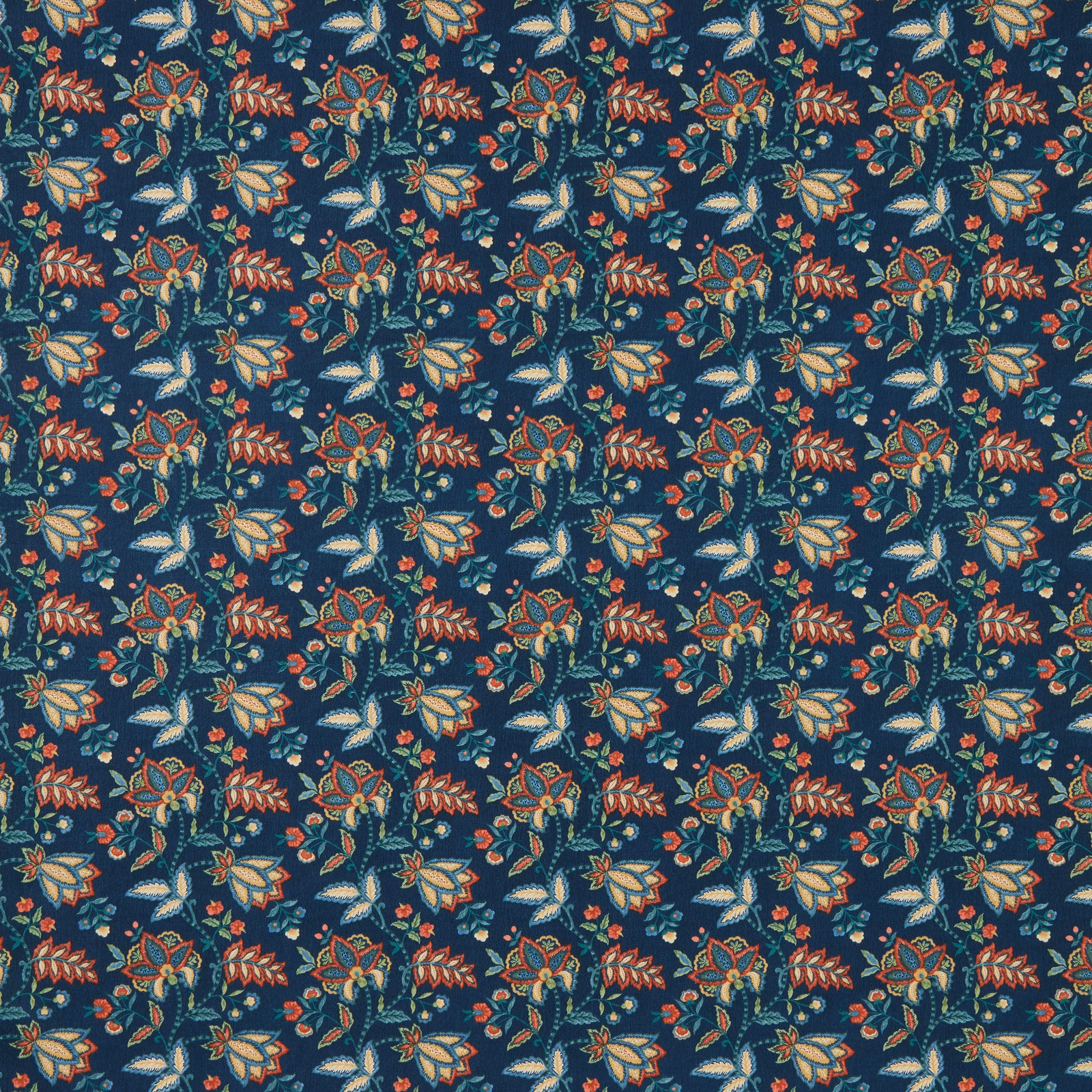 Midnight blue floral cotton fabric with small jewel-toned repeats