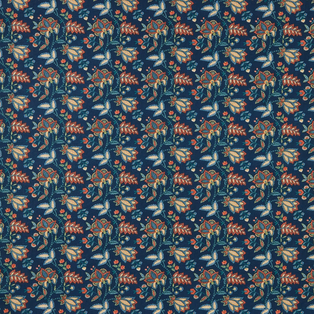 Midnight blue floral cotton fabric with small jewel-toned repeats