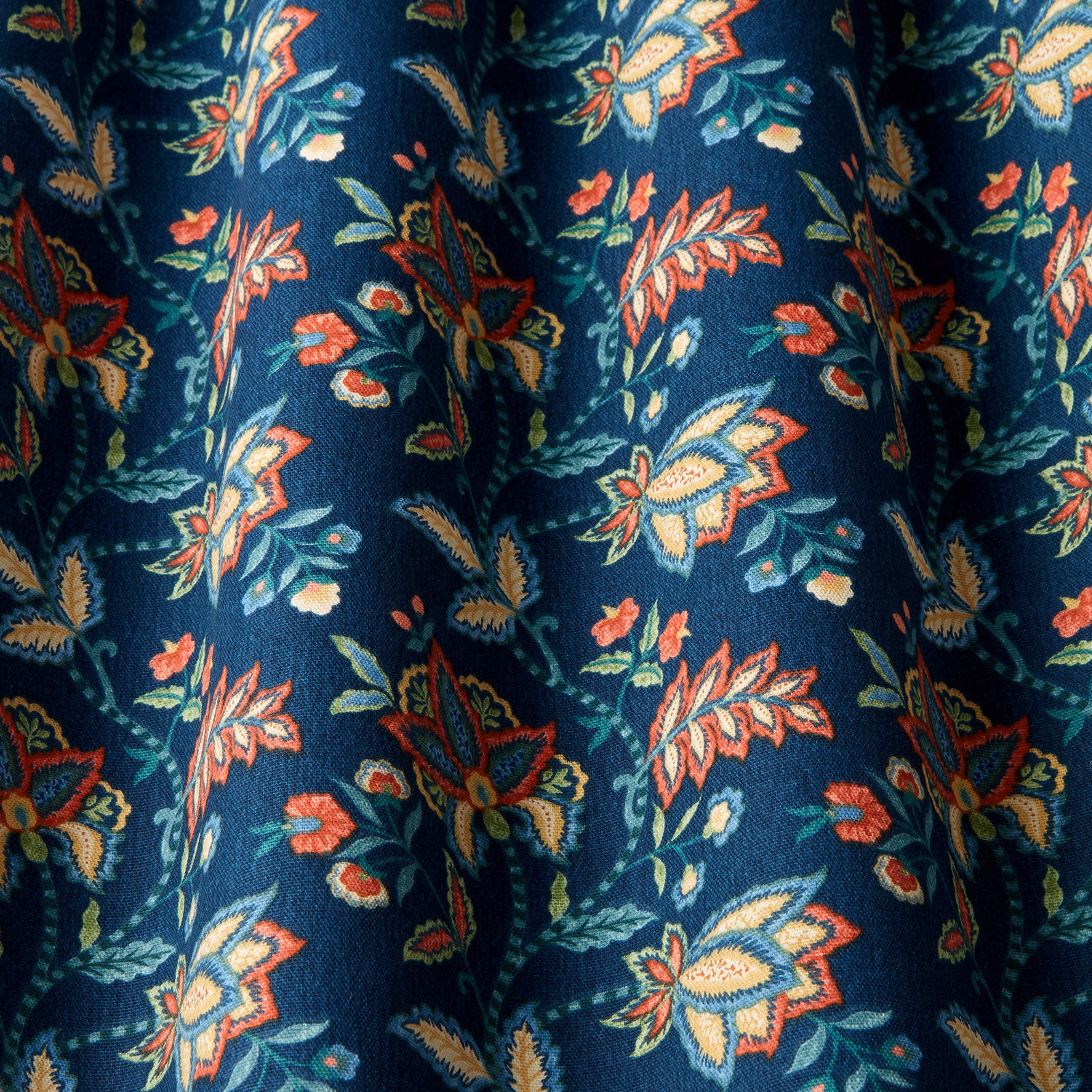 Midnight blue cotton fabric with coral and teal floral trail print