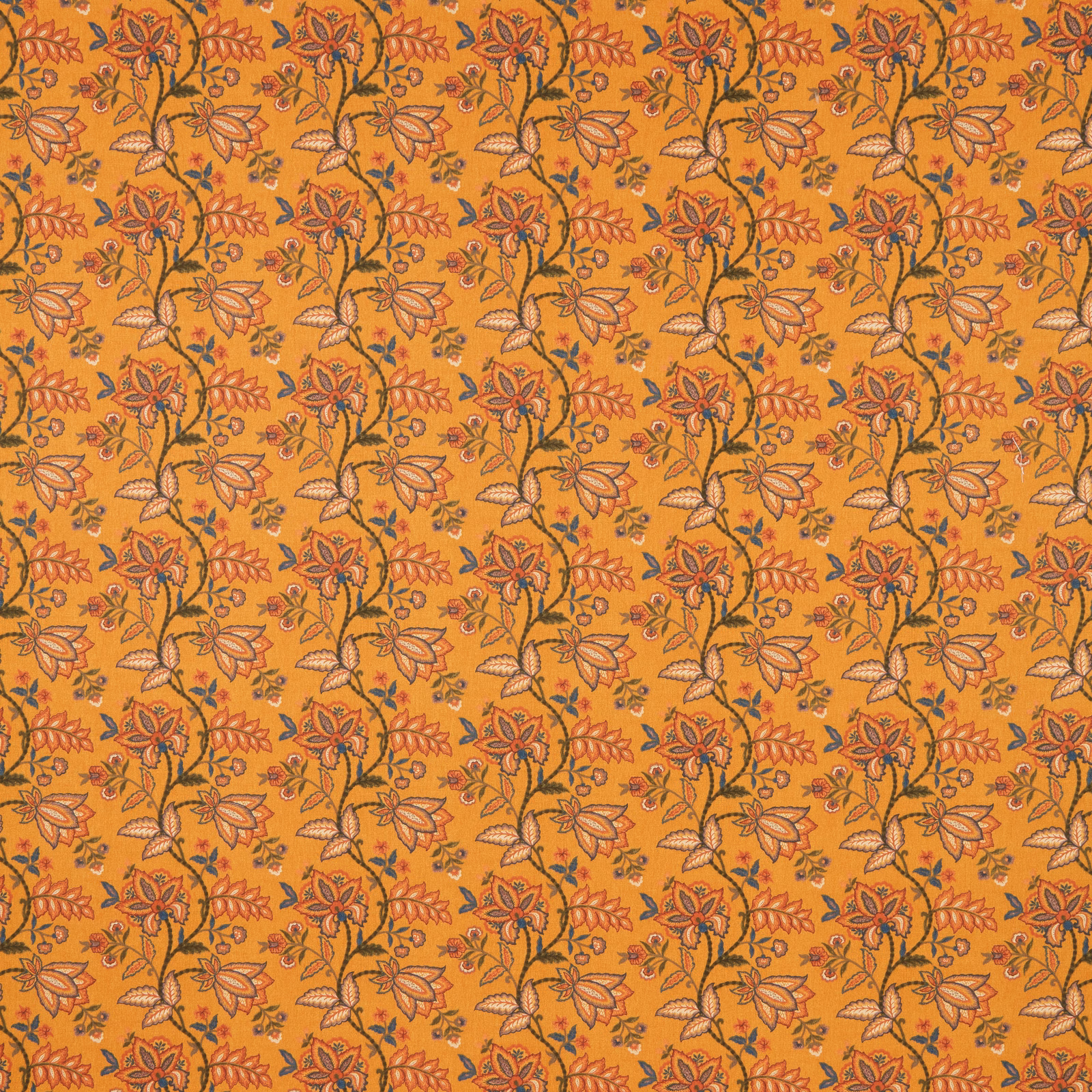 Mustard yellow floral cotton fabric with small repeating tapestry motif
