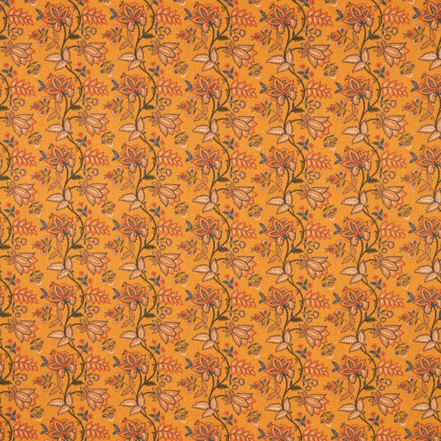 Mustard yellow floral cotton fabric with small repeating tapestry motif