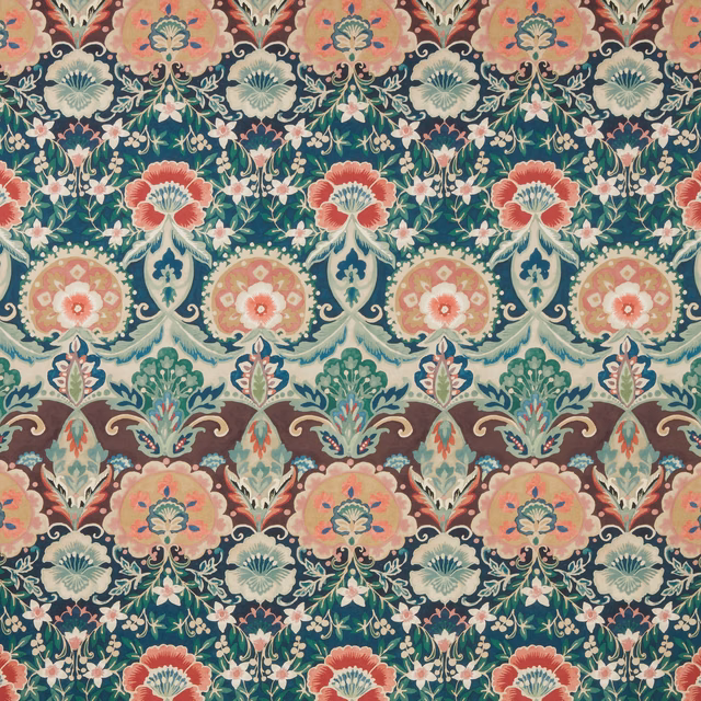 Large-scale floral damask print in deep malachite green with coral, blush and cream motifs
