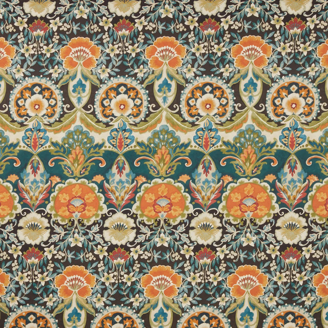 Large-scale floral patterned cotton on a dark black ground with teal, orange and cream motifs