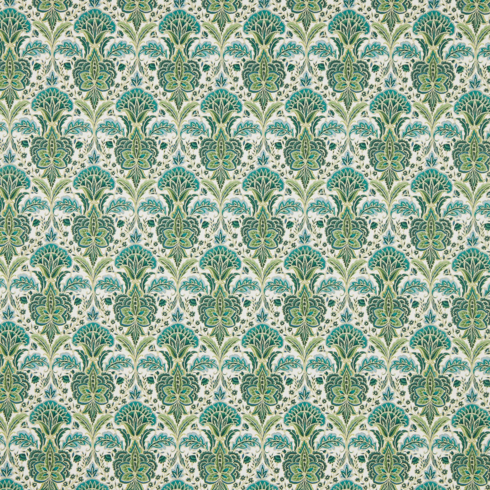 Teal and green damask pattern on an ivory cotton fabric swatch