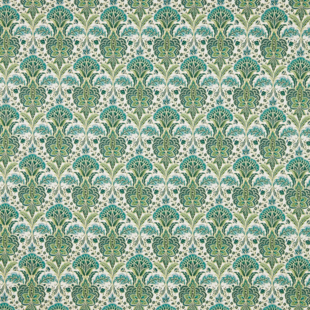Teal and green damask pattern on an ivory cotton fabric swatch