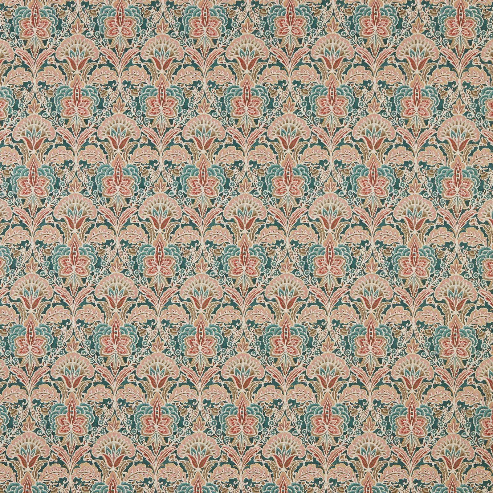 Teal and blush repeating floral cotton fabric with cream detailing