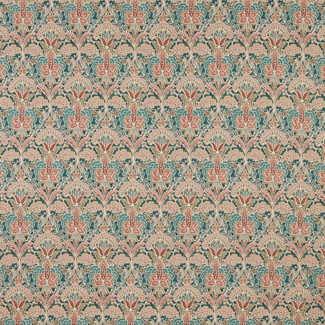 Teal and blush repeating floral cotton fabric with cream detailing