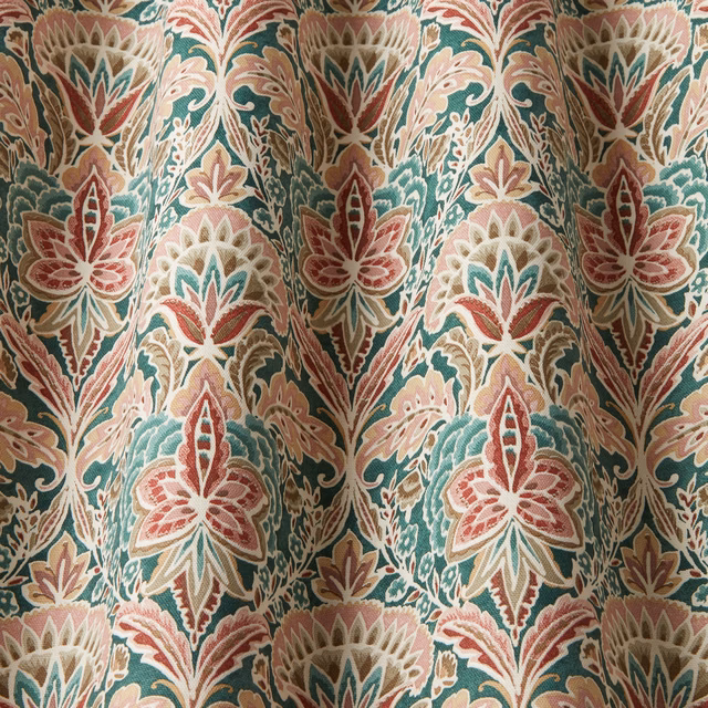 Malachite teal floral cotton fabric with cream, blush and berry motifs