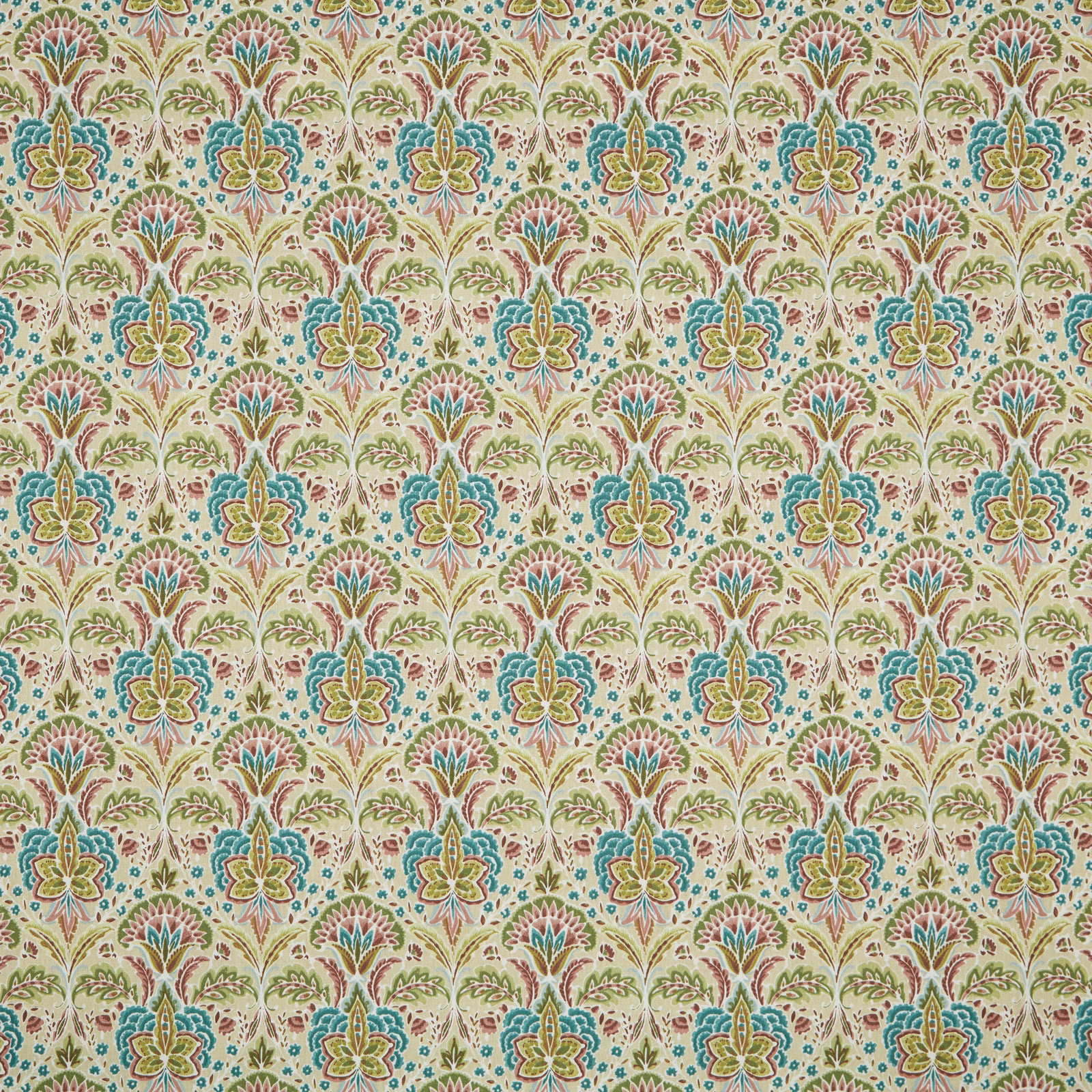 Orchid, teal and green floral cotton fabric on a warm ivory ground