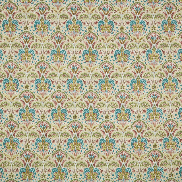 Orchid, teal and green floral cotton fabric on a warm ivory ground