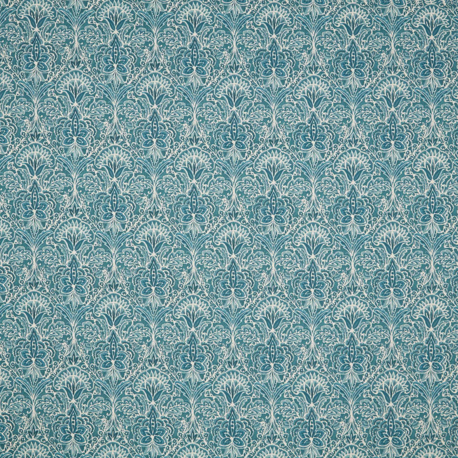 Seafoam teal cotton fabric with repeating floral motif and pale outline