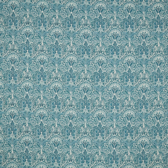Seafoam teal cotton fabric with repeating floral motif and pale outline