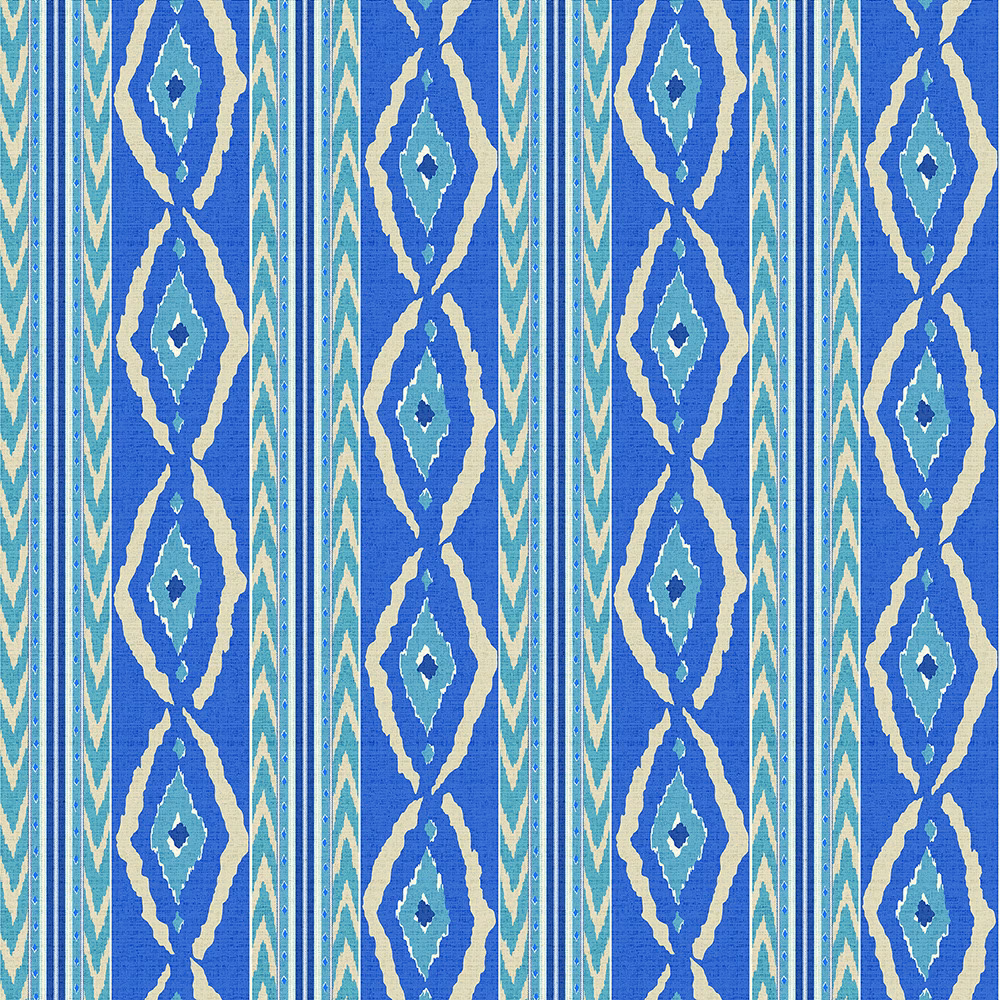 Cobalt blue geometric stripe fabric with aqua and cream diamond motifs