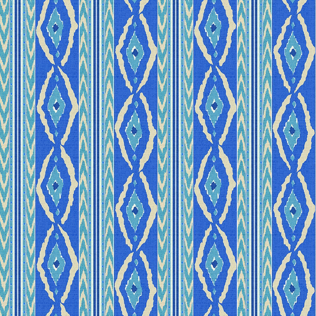Cobalt blue geometric stripe fabric with aqua and cream diamond motifs