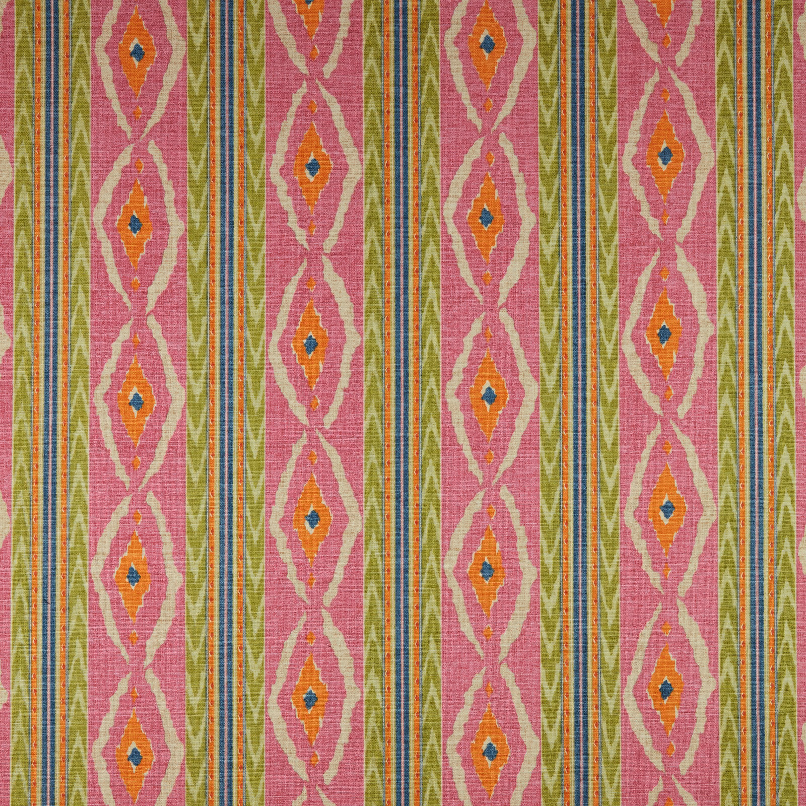 Pink geometric stripe fabric with lime accents and orange diamond motifs