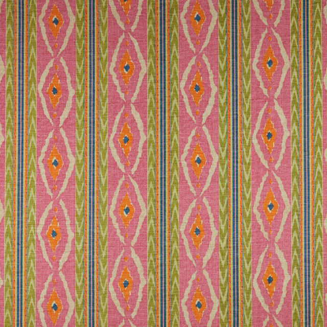 Pink geometric stripe fabric with lime accents and orange diamond motifs