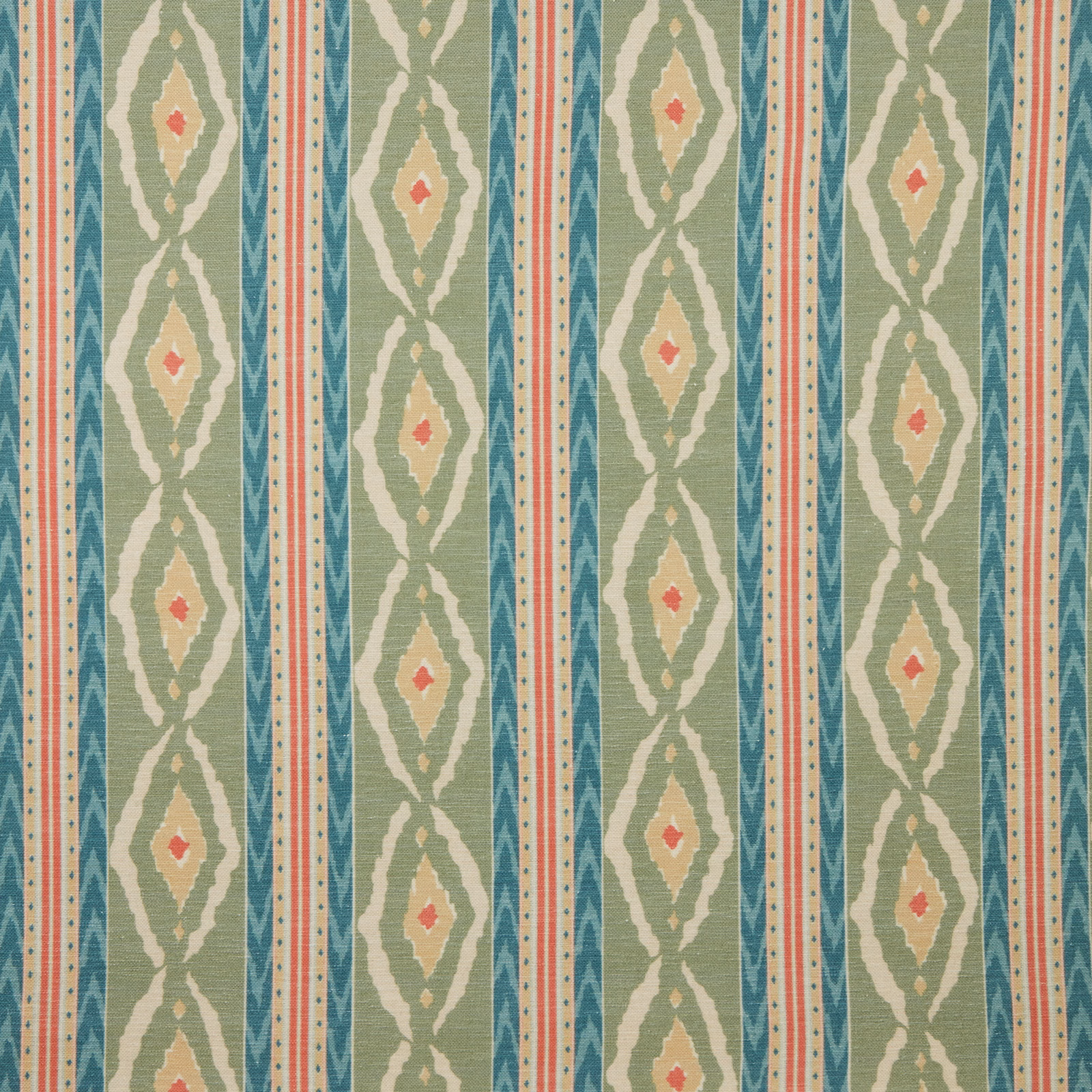 Vertical malachite green stripes with cream diamonds and coral accents