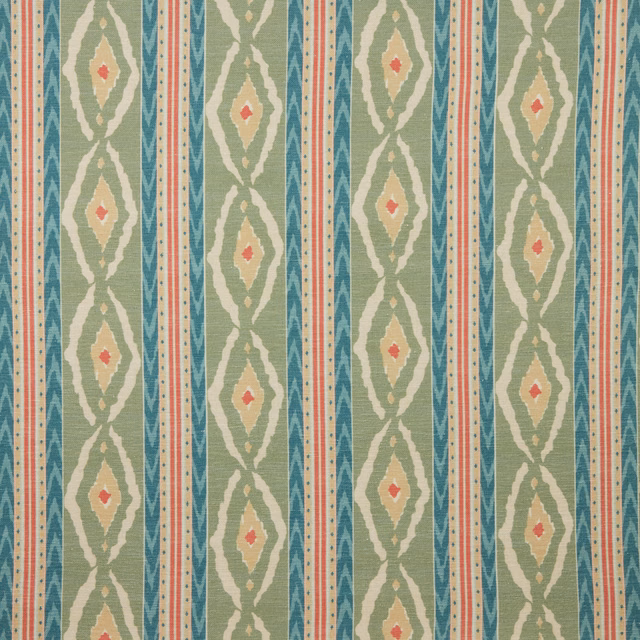 Vertical malachite green stripes with cream diamonds and coral accents
