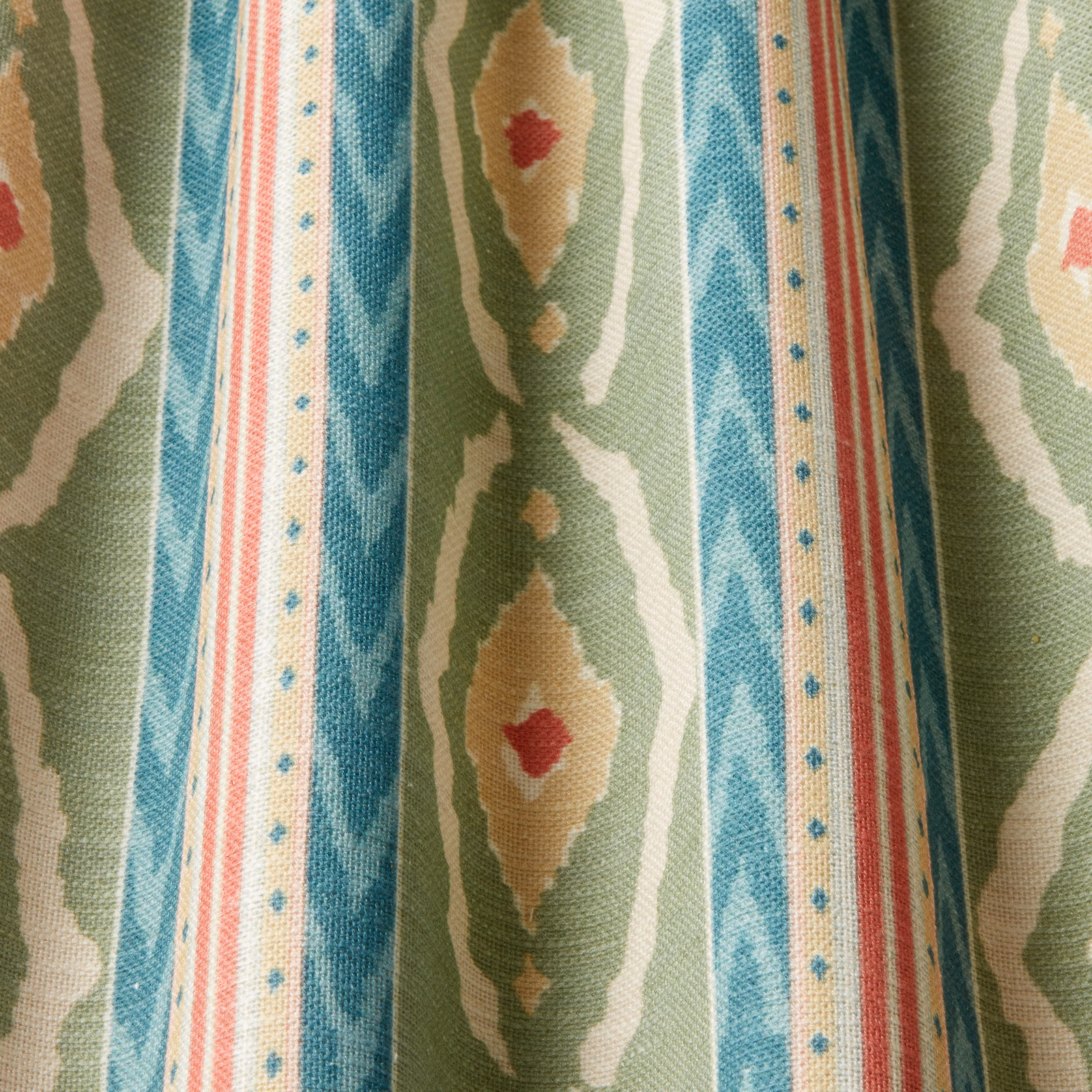 Colourful striped fabric with malachite green, teal, cream and coral motifs