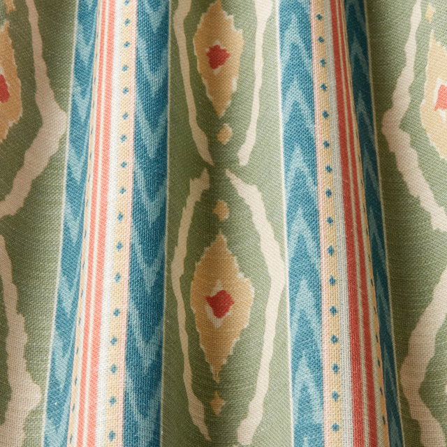 Colourful striped fabric with malachite green, teal, cream and coral motifs