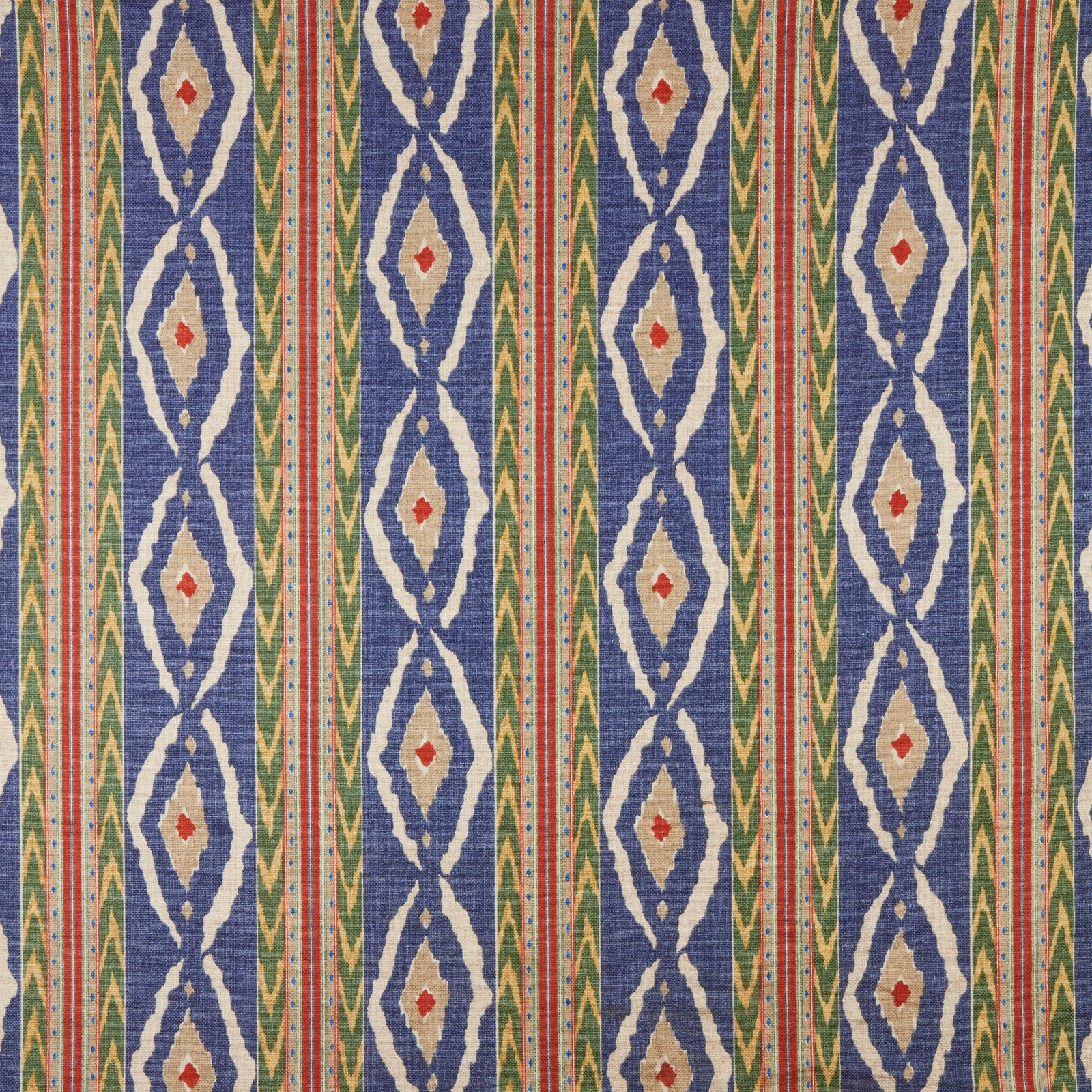 Midnight blue striped woven fabric with ivory diamonds and multicolour accents