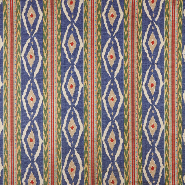 Midnight blue striped woven fabric with ivory diamonds and multicolour accents