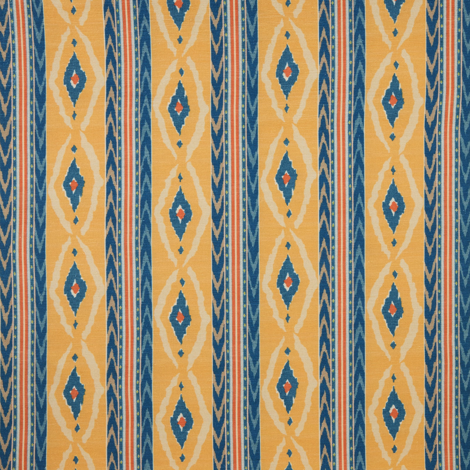 Saffron gold geometric fabric with teal diamonds and narrow navy stripes