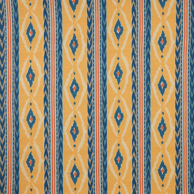 Saffron gold geometric fabric with teal diamonds and narrow navy stripes