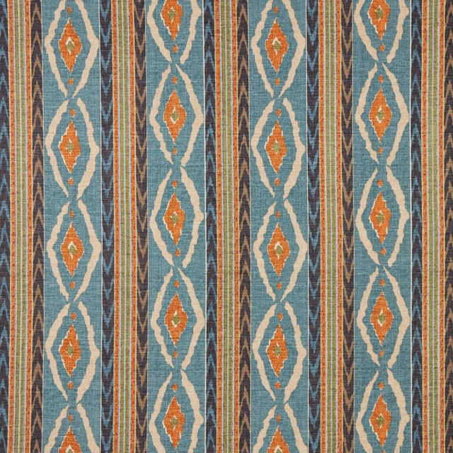 Seafoam teal geometric fabric with ivory diamonds and orange accents