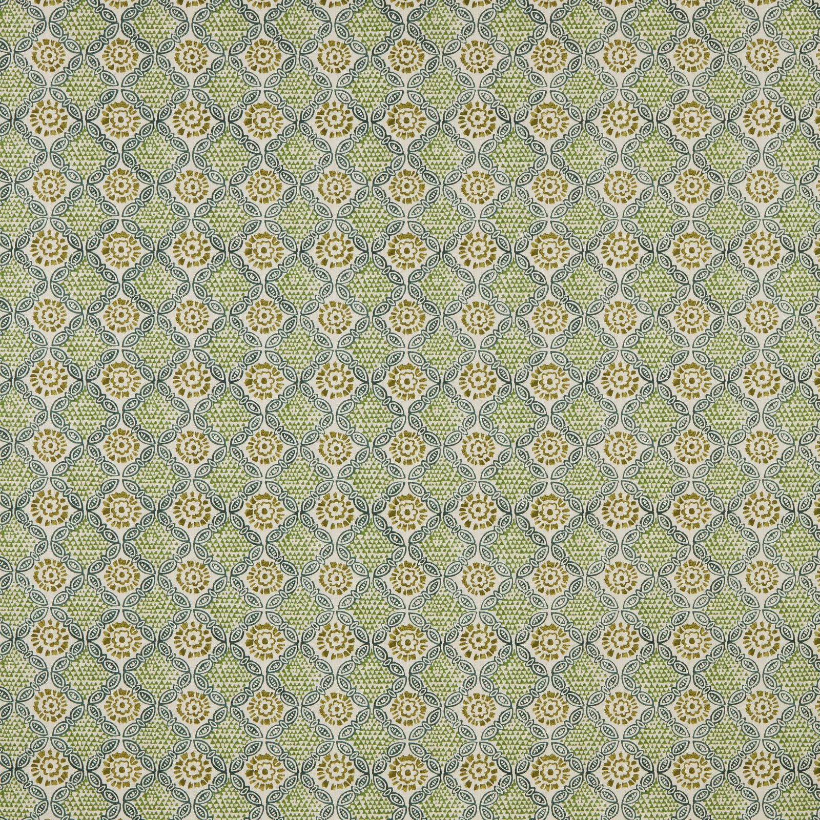Absinthe green cotton fabric with small repeating floral lattice pattern