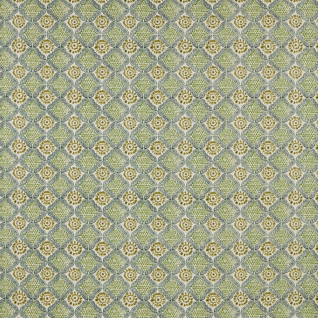 Absinthe green cotton fabric with small repeating floral lattice pattern
