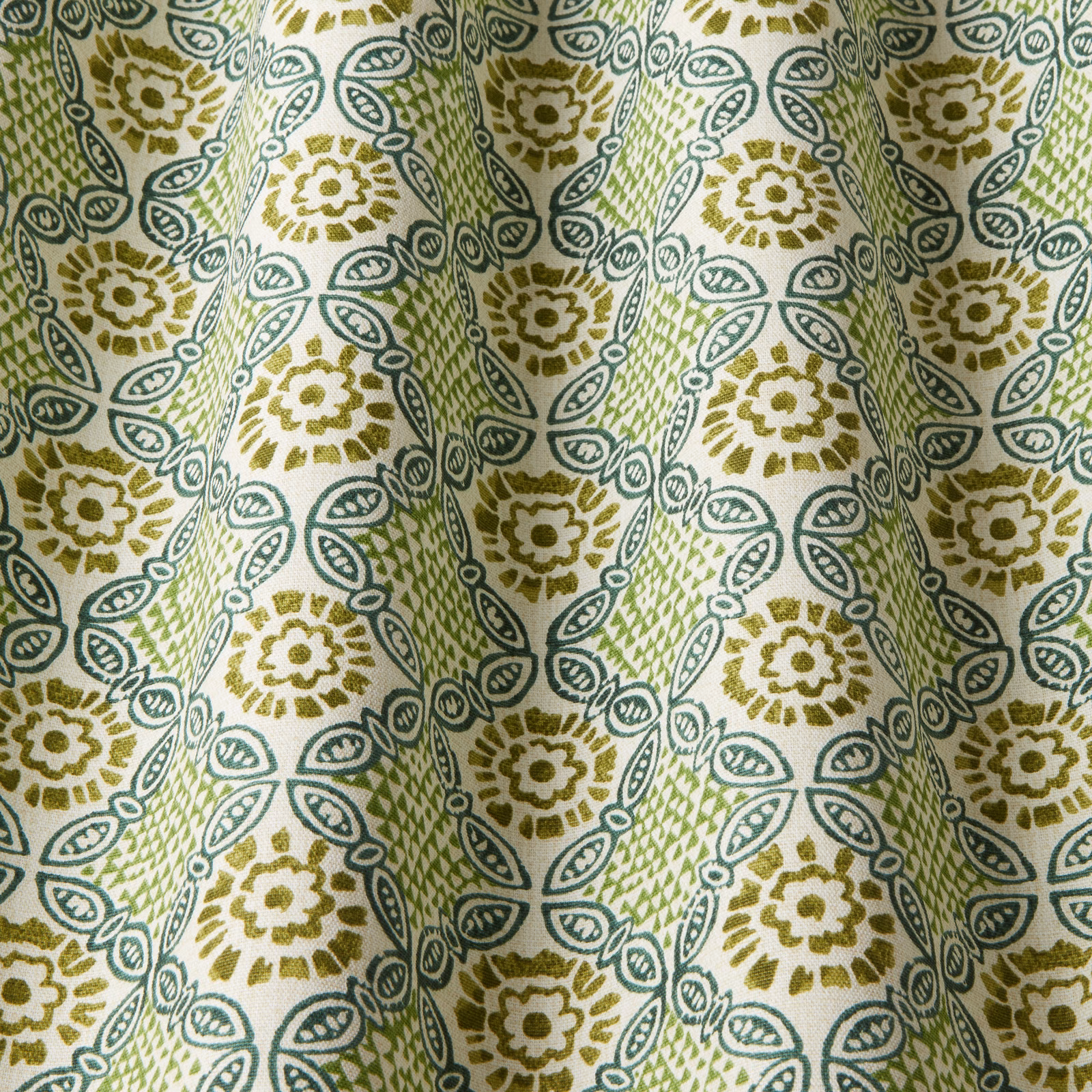 Printed cotton fabric with absinthe green, teal and olive repeating floral motifs