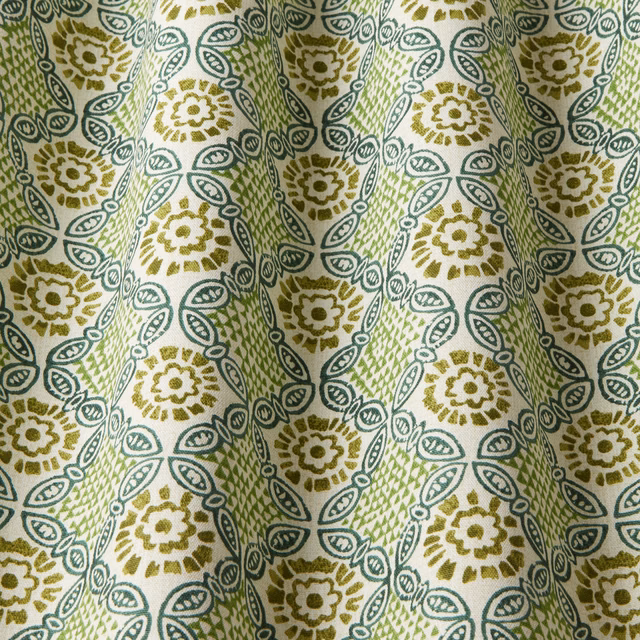Printed cotton fabric with absinthe green, teal and olive repeating floral motifs