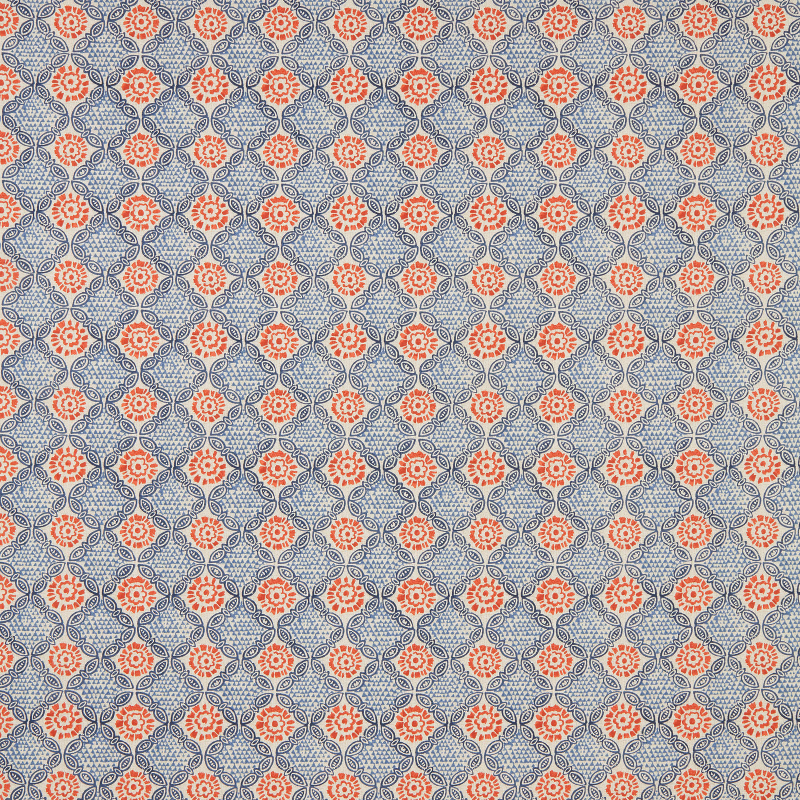 Blue-grey cotton fabric with small chilli-red floral geometric motifs