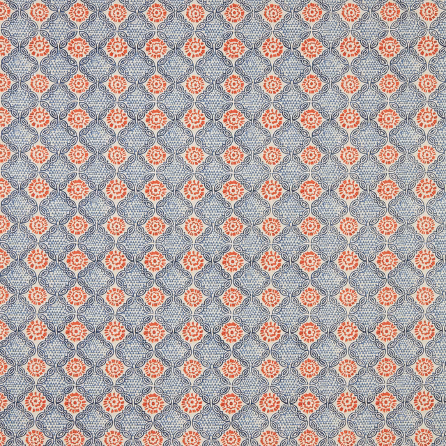 Blue-grey cotton fabric with small chilli-red floral geometric motifs