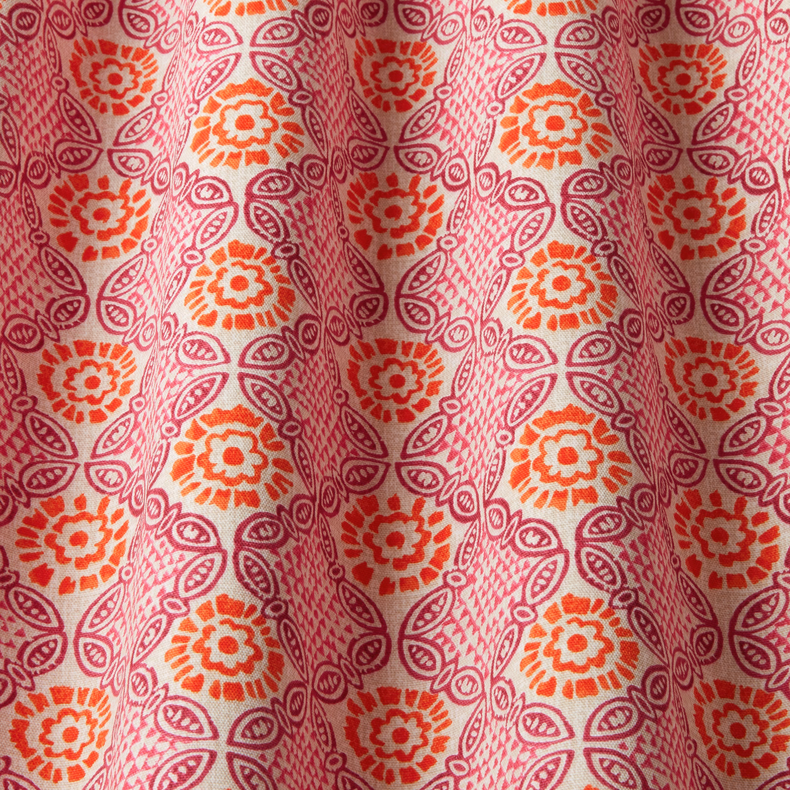Hot pink and orange floral cotton fabric with wavy patterned stripes