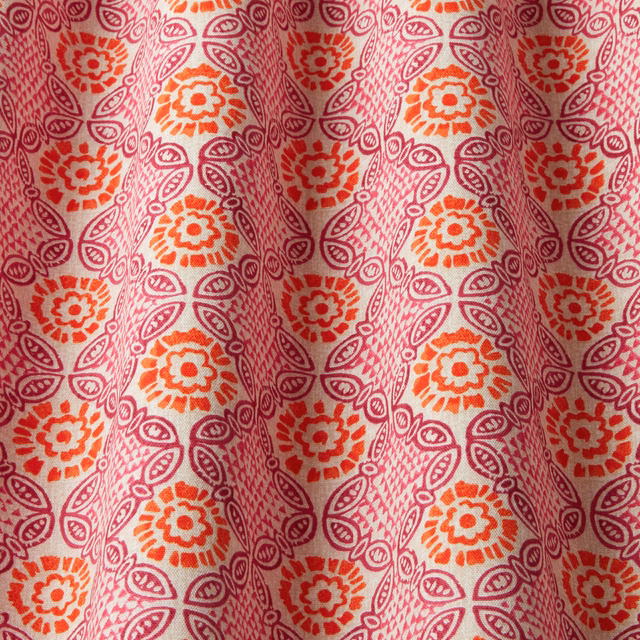 Hot pink and orange floral cotton fabric with wavy patterned stripes