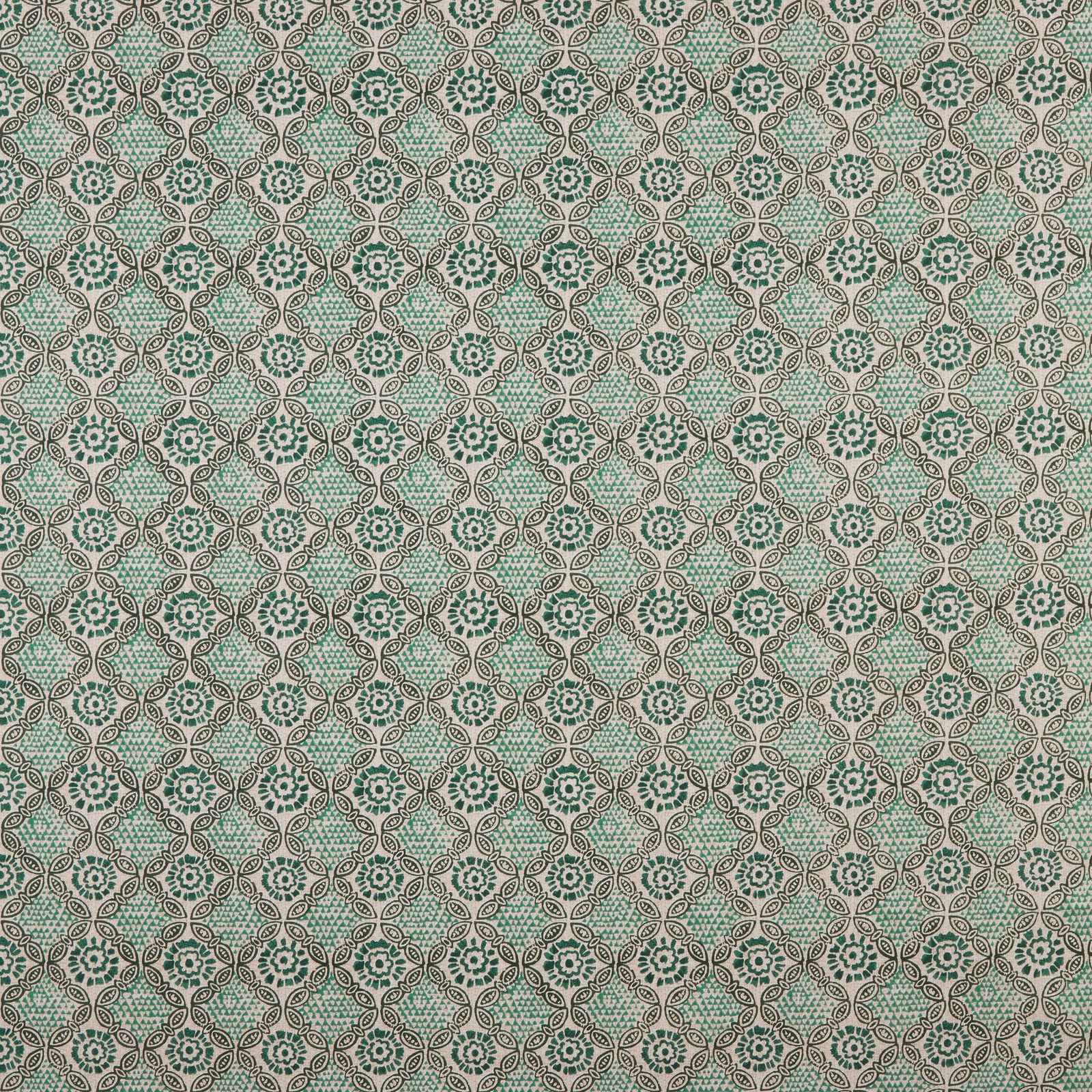 Pale green cotton fabric with repeating malachite floral and leaf motif