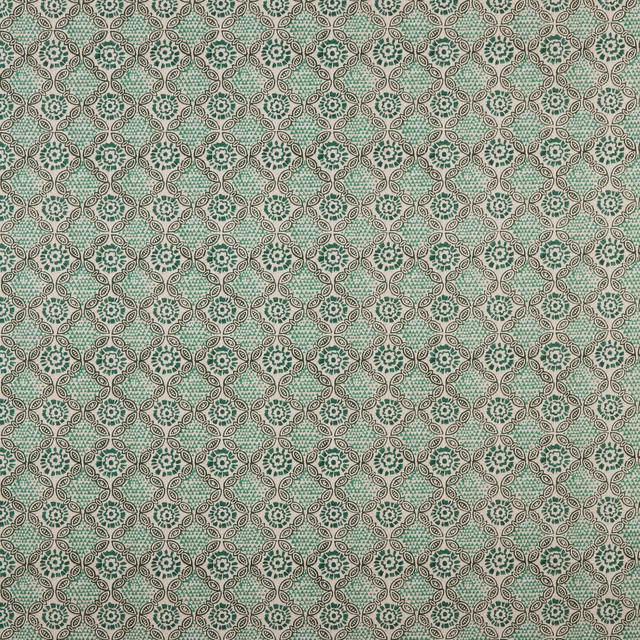 Pale green cotton fabric with repeating malachite floral and leaf motif
