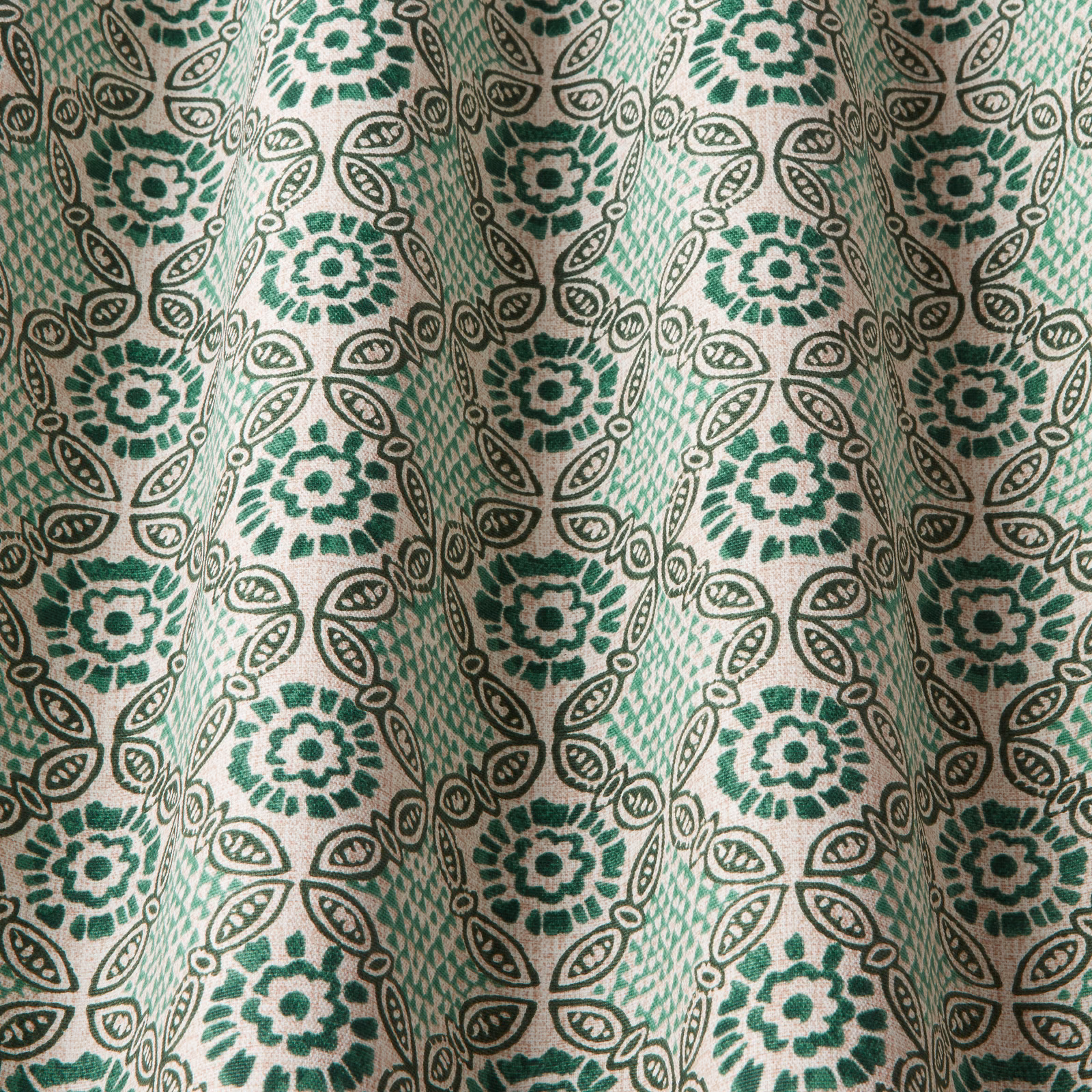 Cream cotton fabric with malachite green medallions and leaf chain pattern