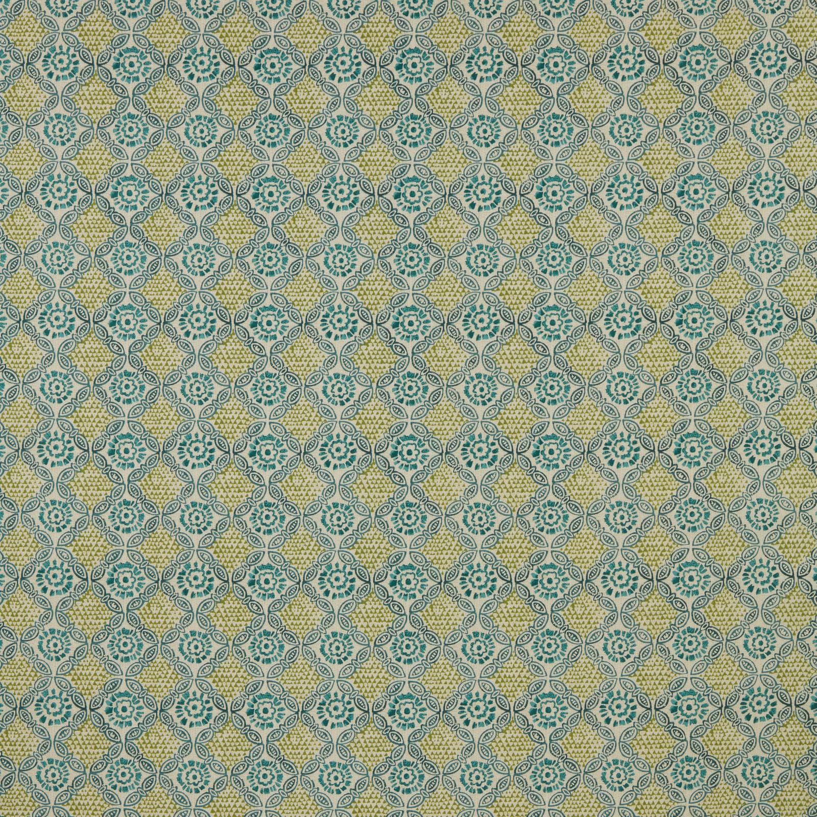 Mint green geometric cotton swatch with small repeating floral medallions