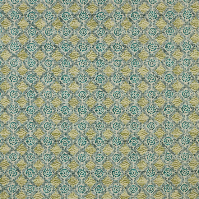 Mint green geometric cotton swatch with small repeating floral medallions